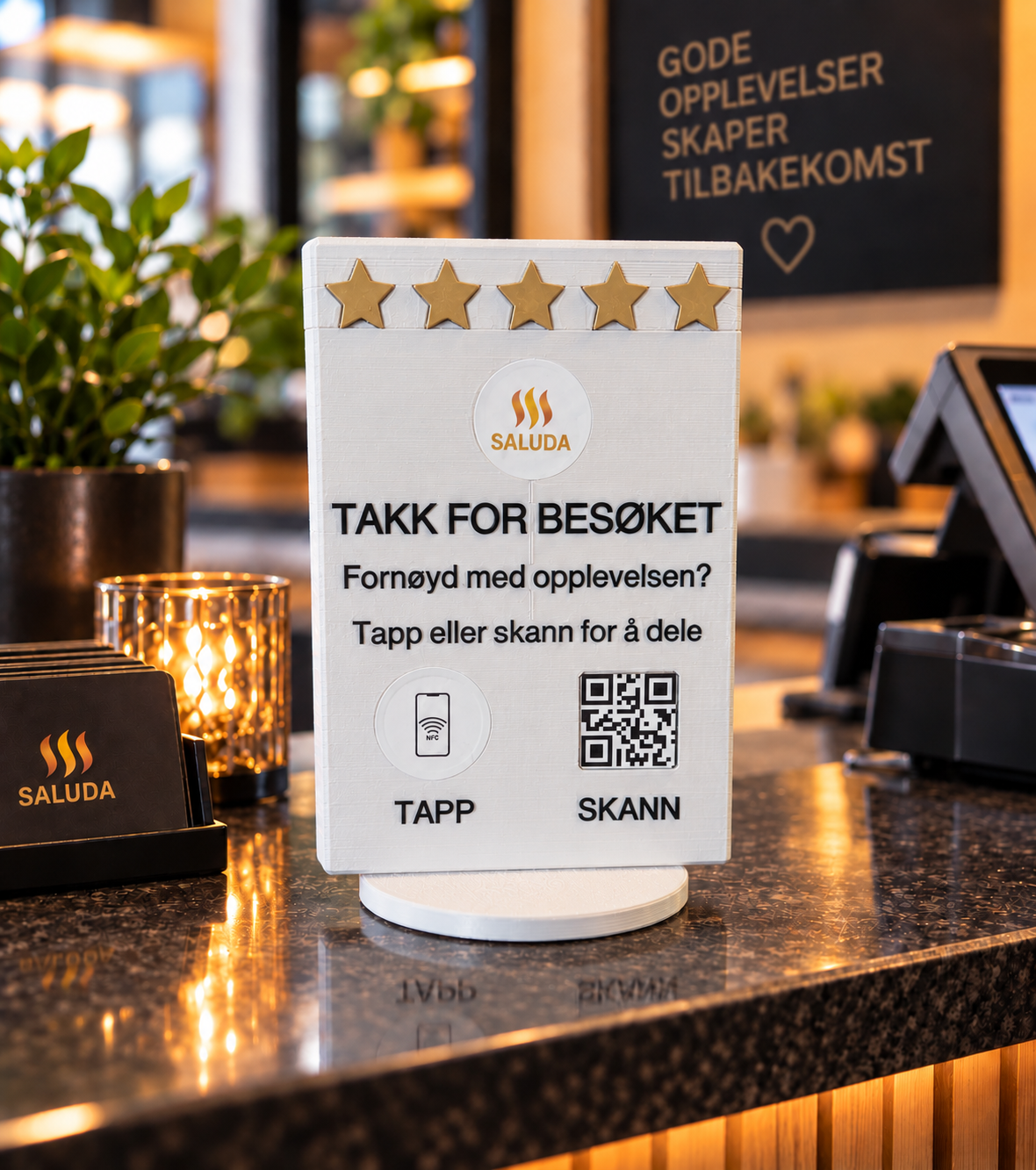 Saluda Review – NFC & QR anmeldelsesskilt